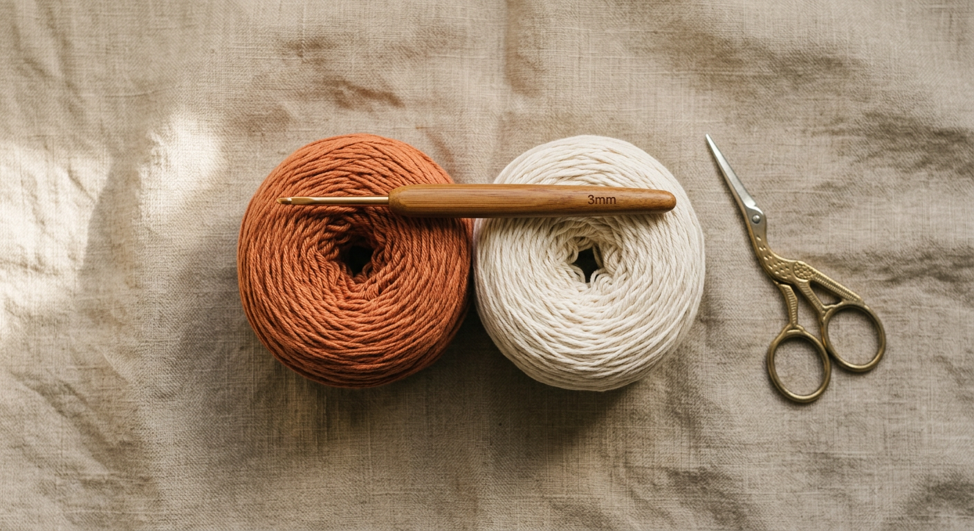 Pelotes de coton DK terracotta et crème avec un crochet 3 mm, le matériel utilisé pour chaque patron